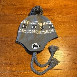Gray Penn State Knit Hat with Tassels and Pom
